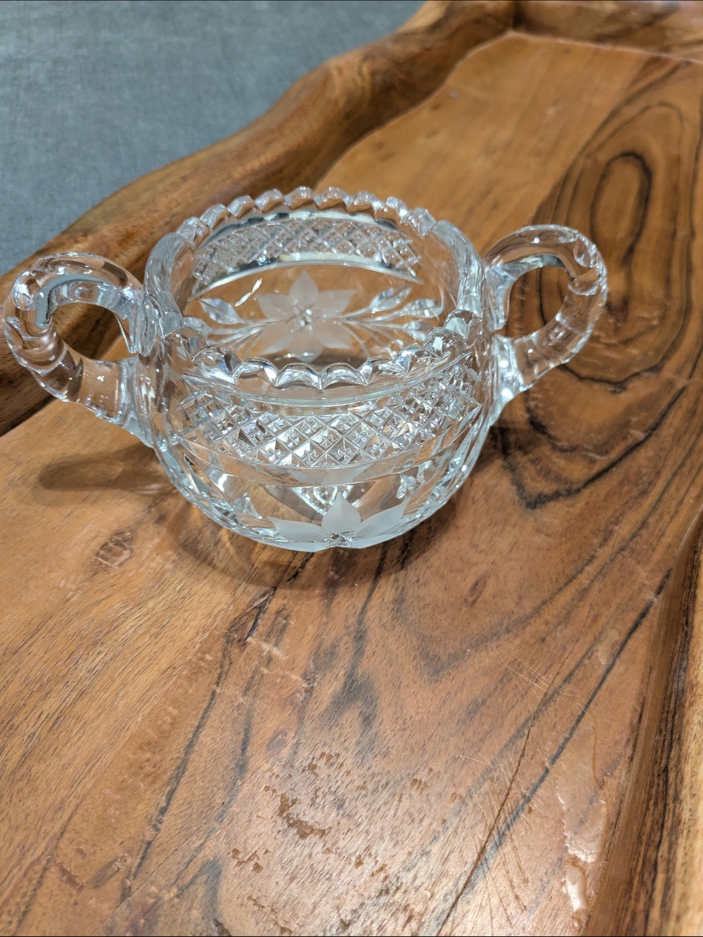 Clear Crystal Sugar Bowl with Handles - Intricate Details